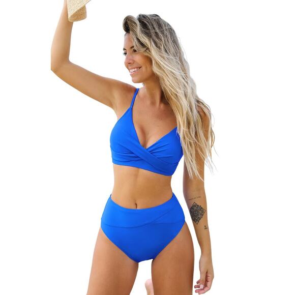 Cupshe Women's Wrap Bralette & Spliced High Waist Bikini Set Royal Blue Medium - Picture 1 of 9